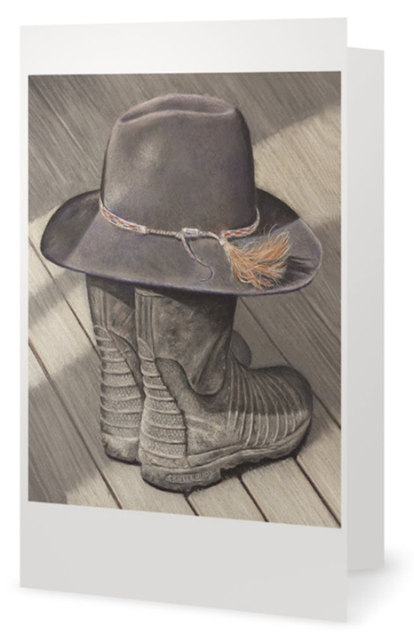 Gumboots and hat painting fine art card by artist Karen Neal
